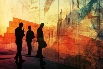 A conceptual recession artwork featuring graphs depicting a financial crisis and a concerned business team.