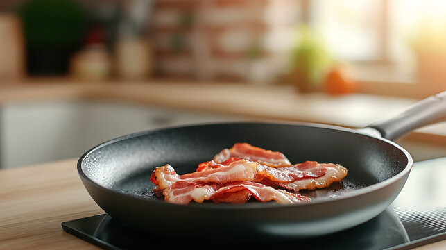 bacon sizzling in a frying pan on the kitchen counter, the warmth of the food gives a sense of home cooked meal