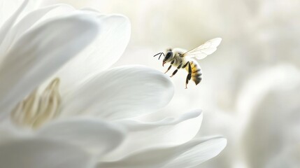 Honeybee hovering over a white flower.