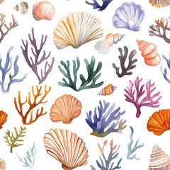 Simple clean line illustration of sea plants and coral patterns,  watercolor flower seamless pattern. Watercolor print in rustic vintage style, textile or wallpapers.
