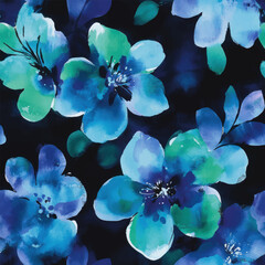 Flowers in shades of blue and green on a black background, watercolor flower seamless pattern. Watercolor print in rustic vintage style, textile or wallpapers.