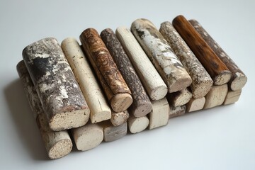 Stack of various wood pieces, different colors and textures. Perfect for rustic, nature, or craft projects.
