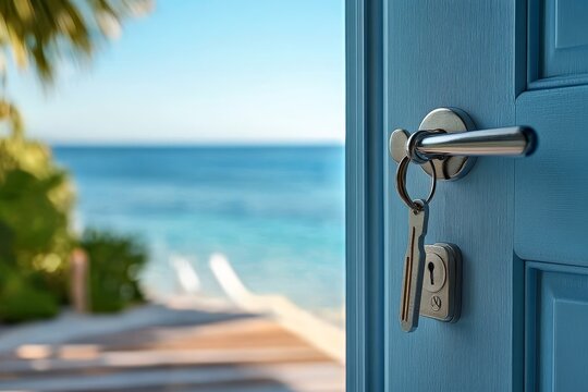 Open Blue Door, Keys Hanging, Ocean View. Vacation , Travel