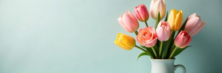 Naklejka premium Pastel tulips, lilies, and roses in a ceramic vase Easter decor , pastel floral, pastel spring