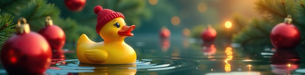 Red-hatted rubber duck floats amidst festive baubles , sparkles, closeup, new year