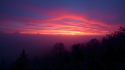 Vibrant Sunrise Over Misty Forest Landscape with Dramatic Pink and Purple Sky