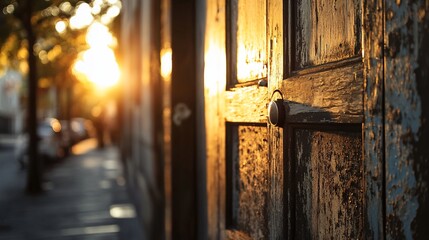 Golden sunset light illuminates an old, weathered wooden door on a city street.