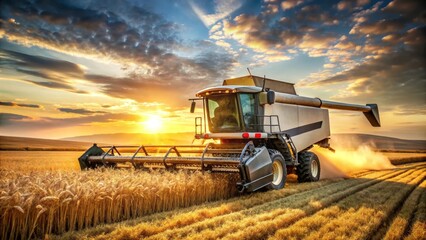 Fototapeta premium Golden Hour Harvest A combine harvester cuts through a ripe wheat field at sunset, dust billowing behind it as the sun casts a warm glow across the landscape.
