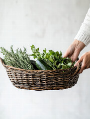 Fresh Harvest: A rustic wicker basket overflowing with fresh herbs and vegetables is gently held by a person. capturing the essence of healthy eating and farm-to-table freshness.