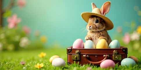 Retro brown suitcase packed with colorful eggs, bunny in straw hat ready for adventure , april, whimsical