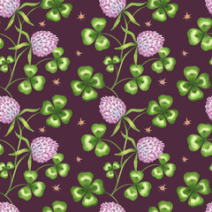 Seamless watercolor pattern with clover leaves, pink flowers, and golden stars on a deep violet background. Perfect for St. Patricks Day, textiles, packaging, and mystical botanical designs.