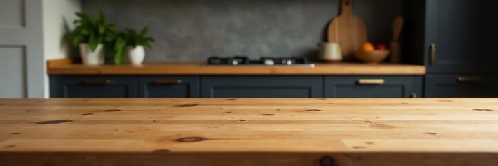 Rich brown wood kitchen table surface, minimalist setting, house, interior