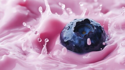 Macro shot capturing a blueberry submerged in pink liquid with striking splash patterns. Vivid and fresh, perfect for food or beverage designs emphasizing movement and color.. AI Generation