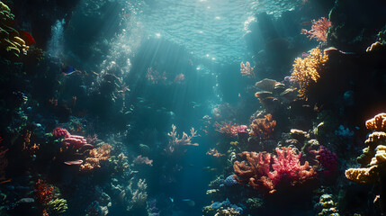 Fototapeta premium Vibrant coral reef underwater scene tropical ocean wallpaper background serene environment crystal clear viewpoint