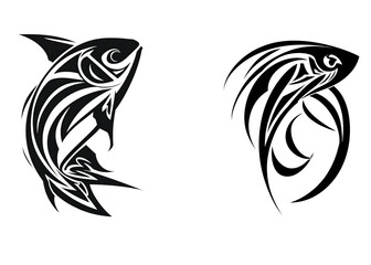 Obraz premium Two artistic black fish designs, showcasing intricate tribal patterns and flowing lines.