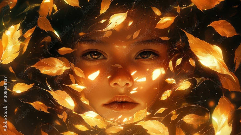 Poster surreal portrait of a glowing child's face surrounded by luminous autumn leaves in a dreamlike setti