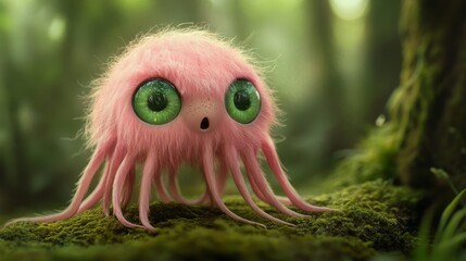 A surreal and adorable pink fuzzy creature with large green eyes and delicate tentacles, sitting on a mossy surface in a vibrant and mysterious forest.. AI Generation