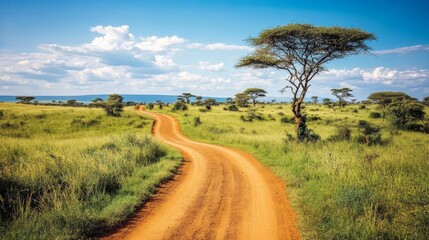 Fototapeta premium Winding dirt road cutting through lush green grasslands of the African savanna, dotted with iconic acacia trees under a bright blue sky with fluffy clouds.. AI Generation