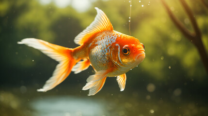 A goldfish floating through the air.