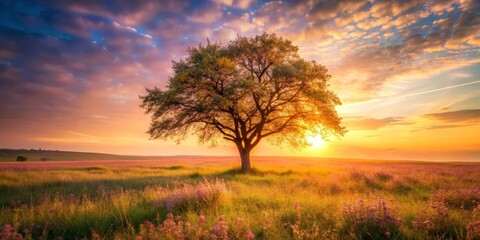 Obraz premium Serene Sunset Landscape Featuring a Solitary Tree in a Vibrant Wildflower Meadow