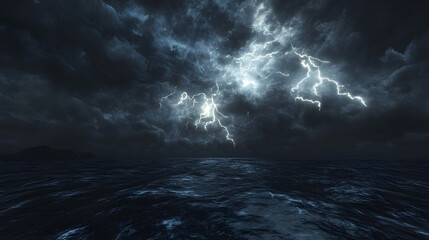 Obraz premium Dramatic lightning storm illuminating dark sky over ocean thunderous background wallpaper nature moody atmosphere