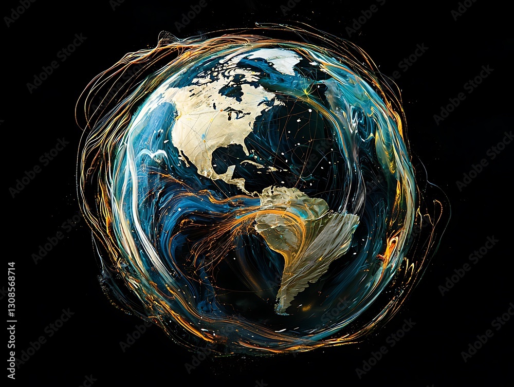 Wall mural abstract earth with a futuristic design showing global connections in motion