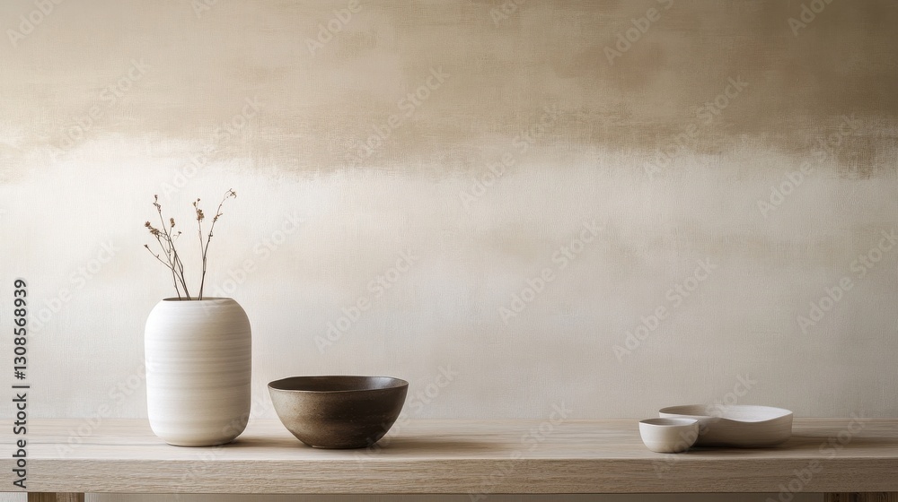 Poster Soft gradients of off-white and warm taupe create a serene minimalist table setting with textured ceramics and delicate florals