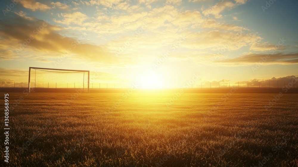 Poster wide angle view of a soccer field bathed in golden sunlight at sunrise with goalposts positioned per