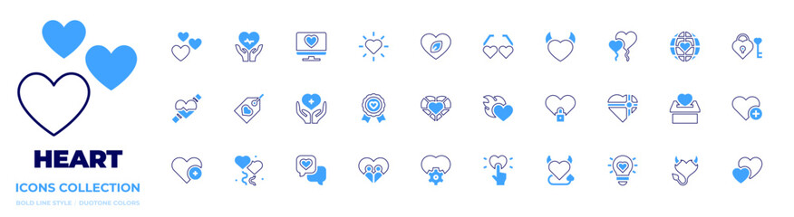 Heart icon collection. Bold line style. Duotone colors. leaf, computer, love, heart box, heart, gift, glow, heart glasses, heart lock, heart balloon, work