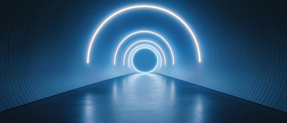 Long, narrow tunnel with a blue light at the end. the tunnel appears to be made of concrete and has a wave-like pattern on the walls.