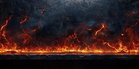 Inferno flames with intense lava eruption and glowing fire in a dark volcanic background. Flames blaze with danger and fiery intensity. This dramatic scene reflects natural volcanic explosions