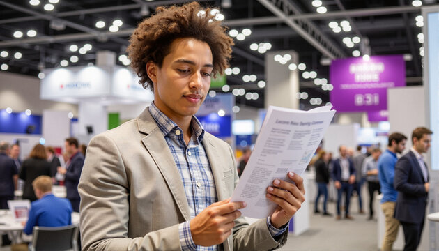 Young man reviewing brochure at business conference for websites, blogs, marketing materials, educational content, corporate presentations, event promotions, and professional networking