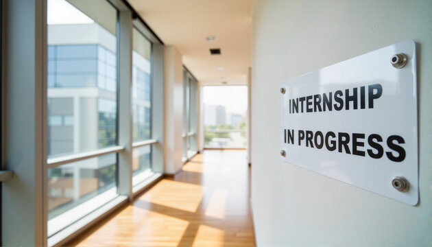 Internship in progress sign in a bright office hallway for career development blogs, websites, educational materials, internship information, and professional growth presentations