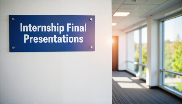 Internship final presentations signage in a bright office setting for websites, blogs, educational materials, corporate communications, and event announcements
