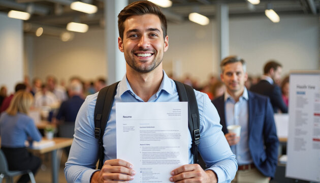Smiling young man holding resume at networking event for career blogs, professional websites, recruitment promotional materials, educational resources, and job-seeking guides