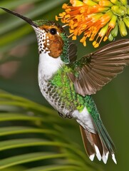 Fototapeta premium A vibrant hummingbird hovers near a bright orange flower, showcasing its iridescent feathers and delicate wings amidst lush greenery.