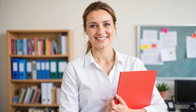 Smiling woman holding a red folder in a bright office for blogs, websites, educational materials, professional presentations, career advice, personal development, and employment resources