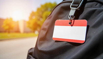 Close-up of a black backpack with an empty ID tag in a sunlit park for blogs, websites, travel-related content, outdoor presentations, educational materials, and event planning resources