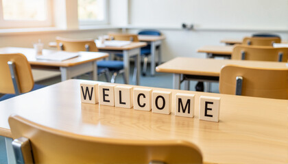 Welcome message displayed in a classroom setting for educational websites, blogs, presentations, teaching materials, training sessions, and back-to-school promotions