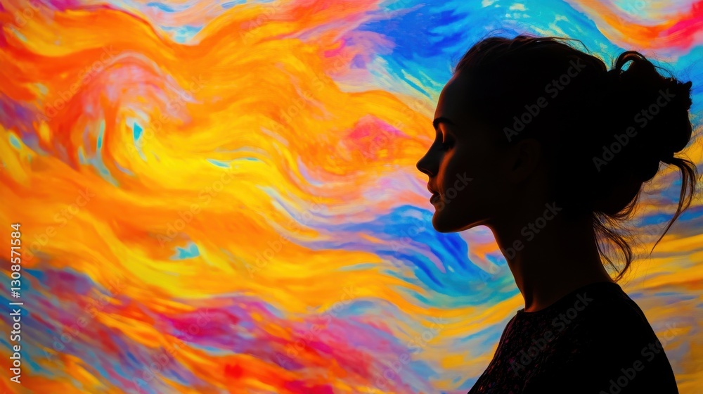 Poster serene portrait of a painter immersed in creativity against a vibrant abstract background showcasing