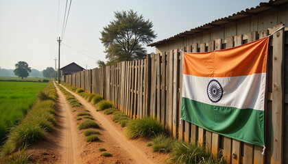 Indian flag displayed on rustic fence beside a country road for blogs, websites, travel guides, cultural presentations, educational materials, and patriotic imagery