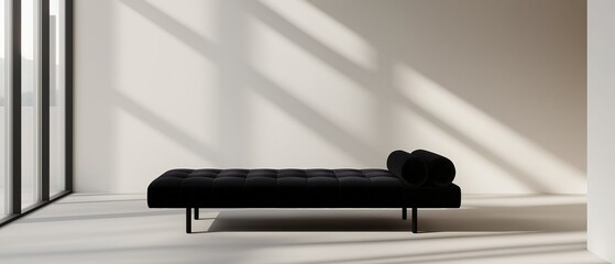 Modern living room with a black sofa in the center. the sofa has a tufted design with a curved backrest and armrests.