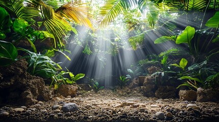 Sunbeams Illuminate Lush Tropical Jungle Floor