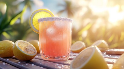 Fototapeta premium Golden Hour Pink Lemonade: A Refreshing Outdoor Sip with Citrus Garnish and Sugared Rim