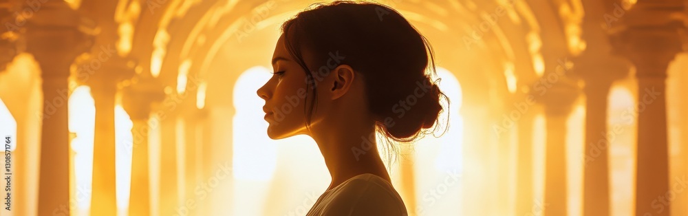Poster Portrait of a woman glowing in warm light amidst ornate architecture in a tranquil setting at sunset