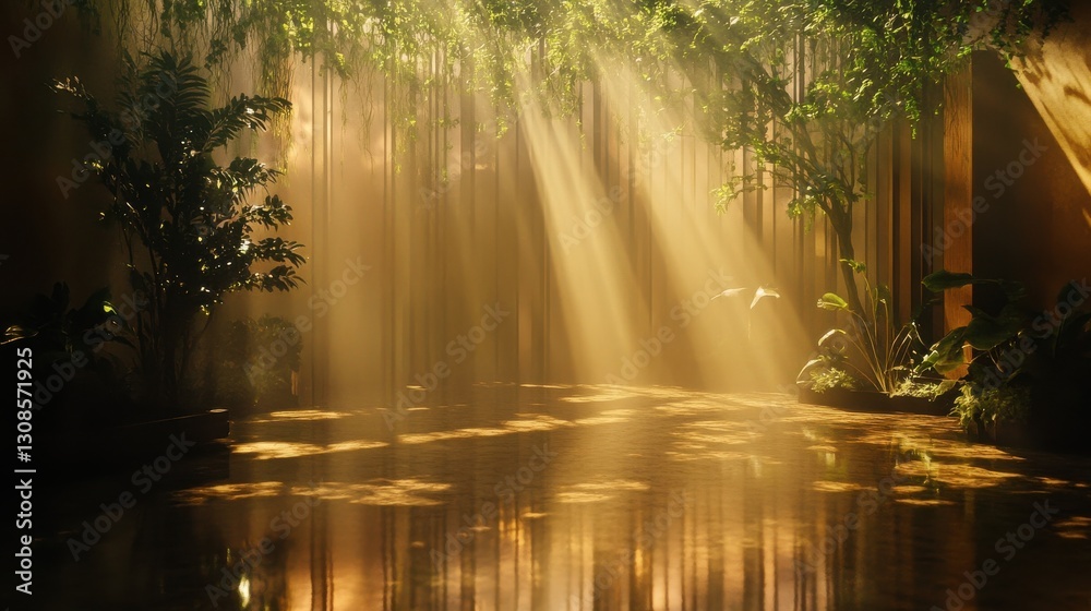 Poster serene forest setting bathed in soft green light with gentle beams of sunlight filtering through tre