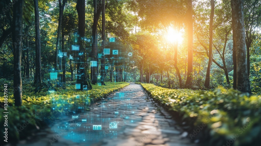 Poster serene forest path illuminated by soft sunlight along a tranquil route