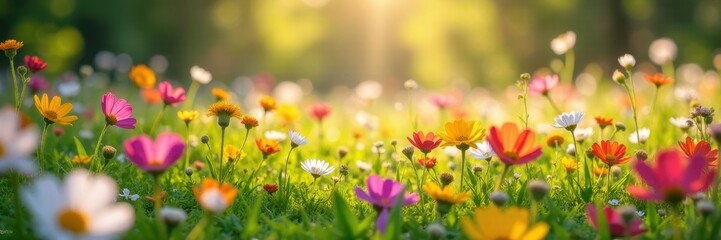 Wildflower carpet, gentle breeze, soft sunlight, environment, sunlight, vegetation