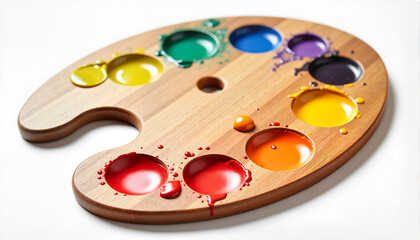 Wooden artist palette with colorful paints for blogs, websites, art-related content, DIY projects, education materials, and creative presentations