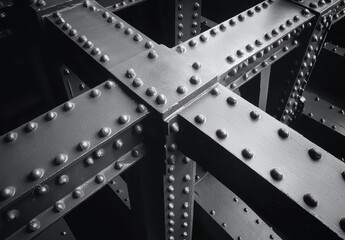 Obraz premium Detailed View of Industrial Metal Structure with Rivets and Beams in Black and White, Highlighting Engineering Design and Textural Elements